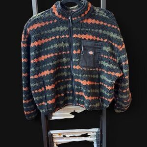 Dickies Zip Up Orange and Green Geometric Striped Fleece Jacket Size XL